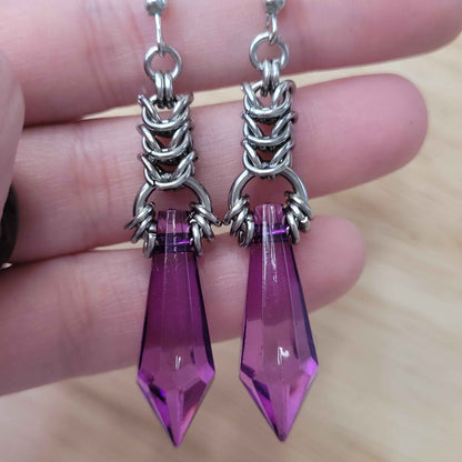 Purple crystal and box chain chainmaille earrings