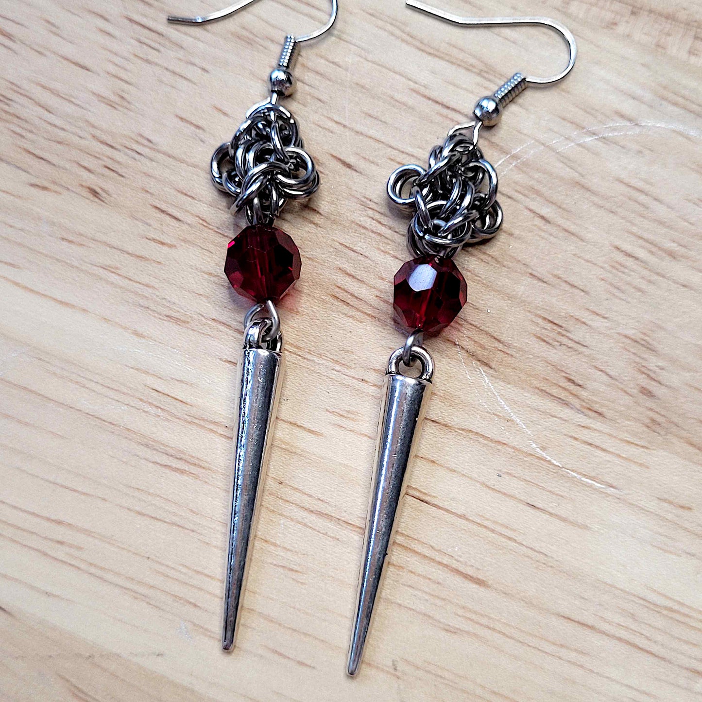 Byzantine flower and red bead spike earrings