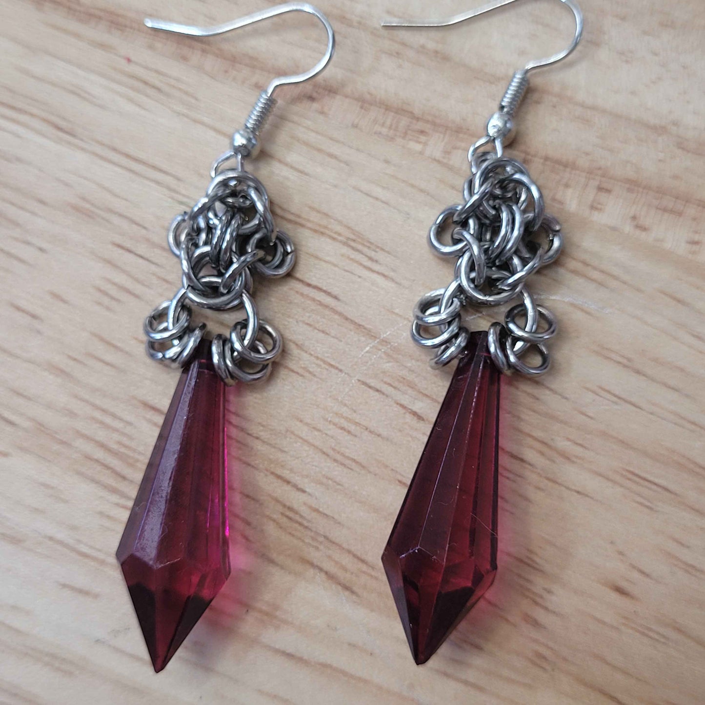 Fuscia crystal and byzantine flower chainmaille earrings