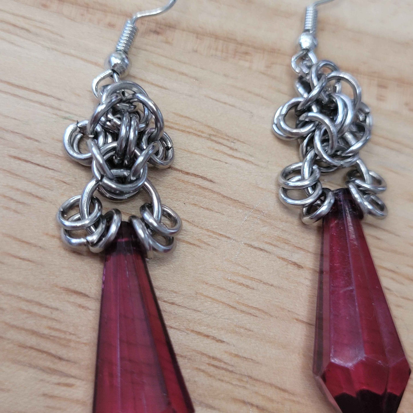 Fuscia crystal and byzantine flower chainmaille earrings