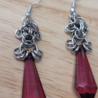 Fuscia crystal and byzantine flower chainmaille earrings