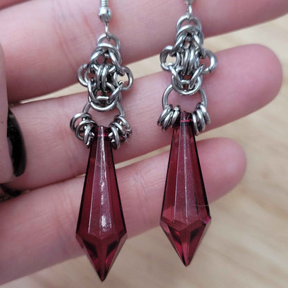 Fuscia crystal and byzantine flower chainmaille earrings
