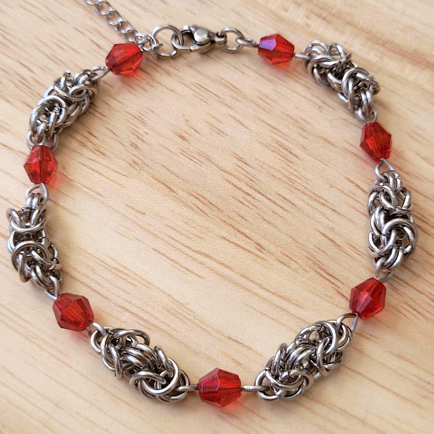 Simple byzantine bracelet with red beads