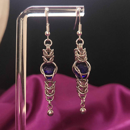 Blue captured bead and box chain earrings