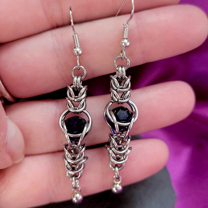 Blue captured bead and box chain earrings