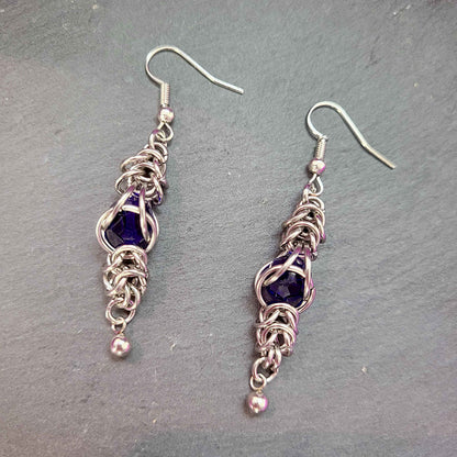 Blue captured bead and box chain earrings