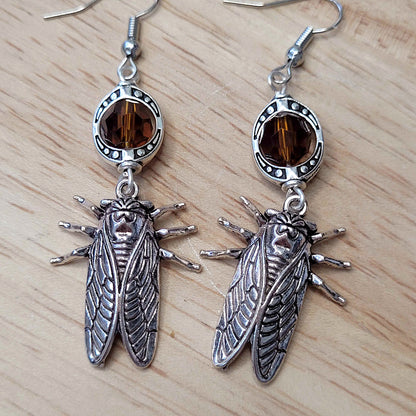 Gothic cicada bug and bead earrings