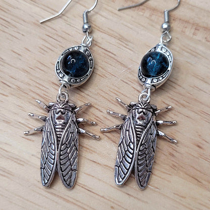 Gothic cicada bug and bead earrings