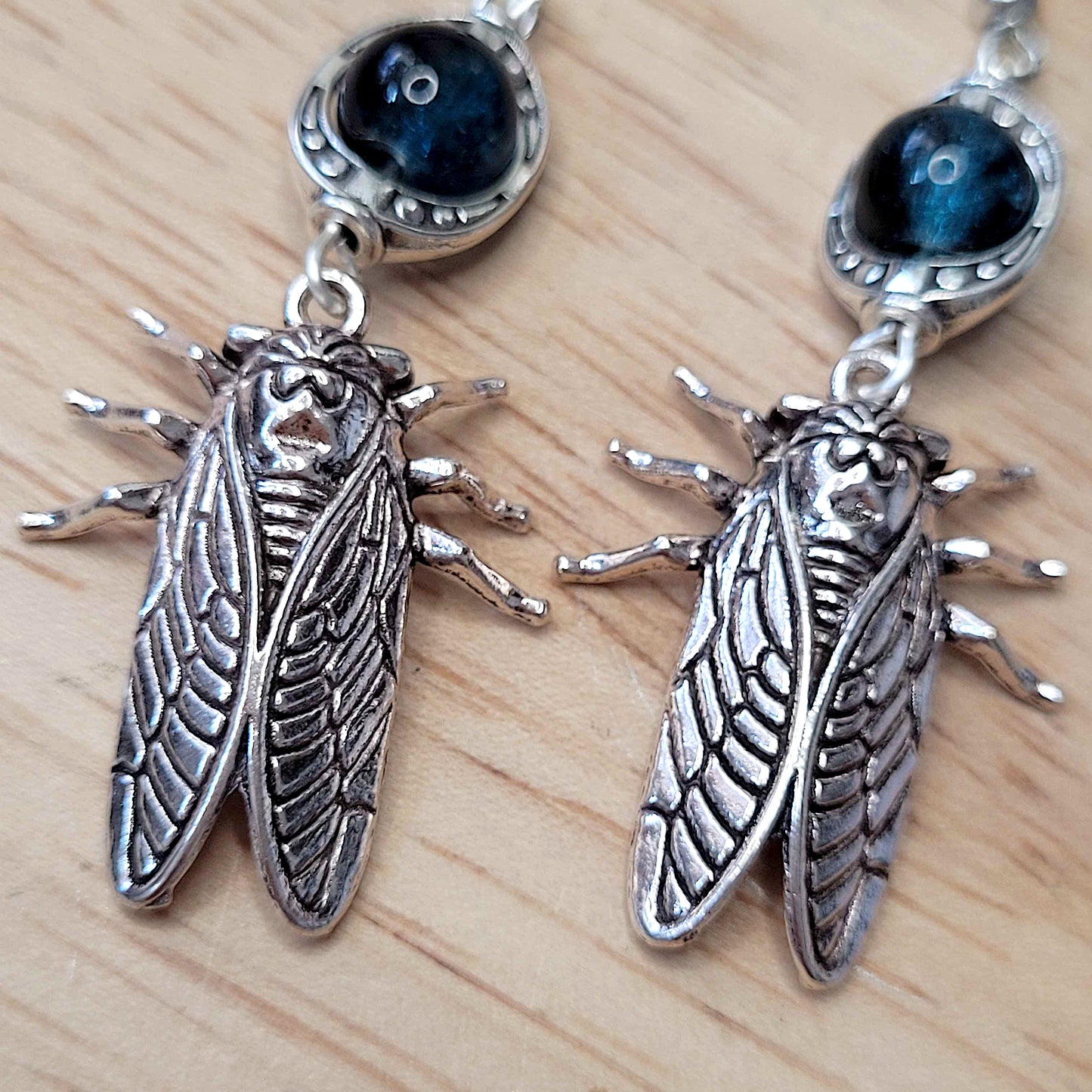 Gothic cicada bug and bead earrings