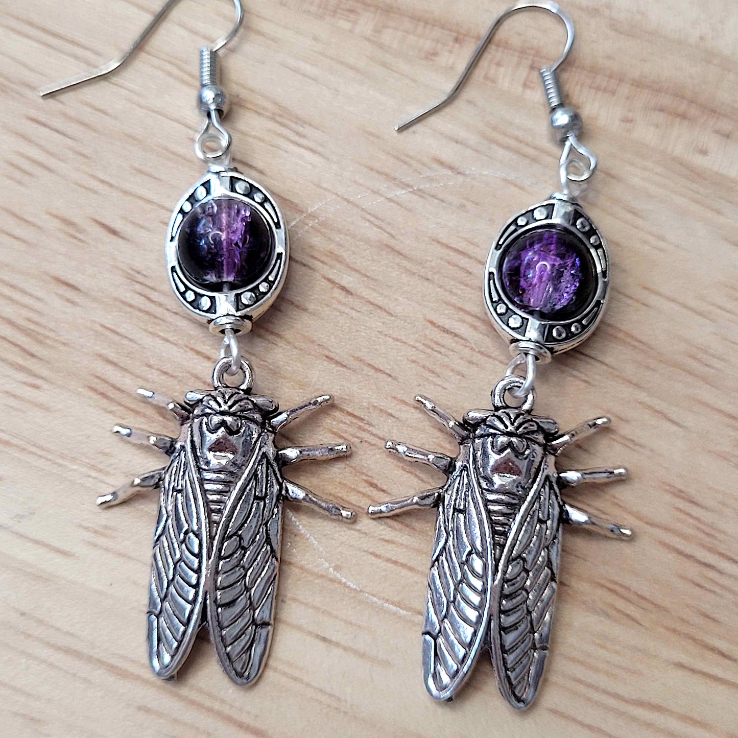 Gothic cicada bug and bead earrings