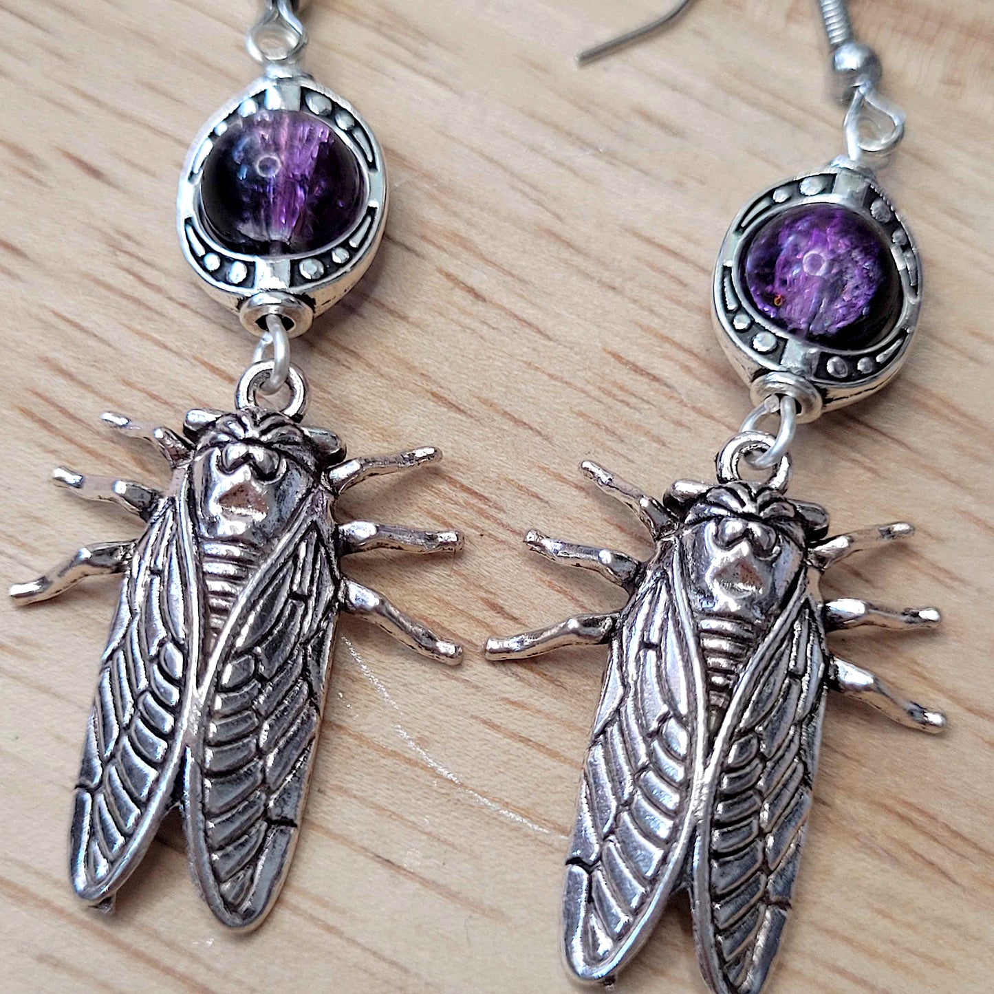 Gothic cicada bug and bead earrings