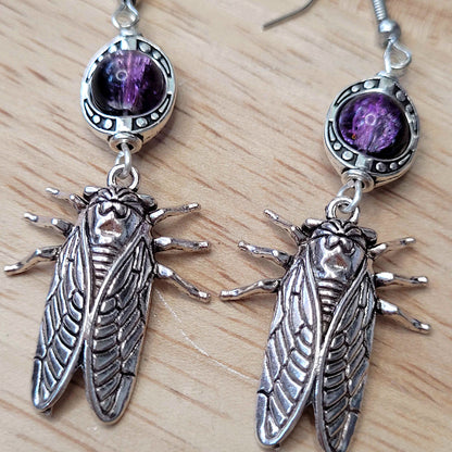 Gothic cicada bug and bead earrings