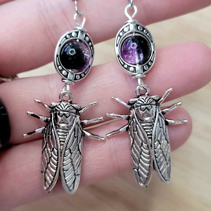 Gothic cicada bug and bead earrings