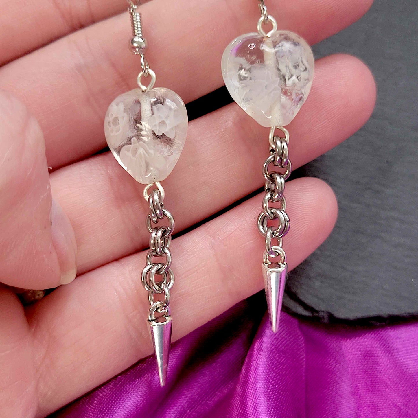 Frosted floral heart and spike earrings