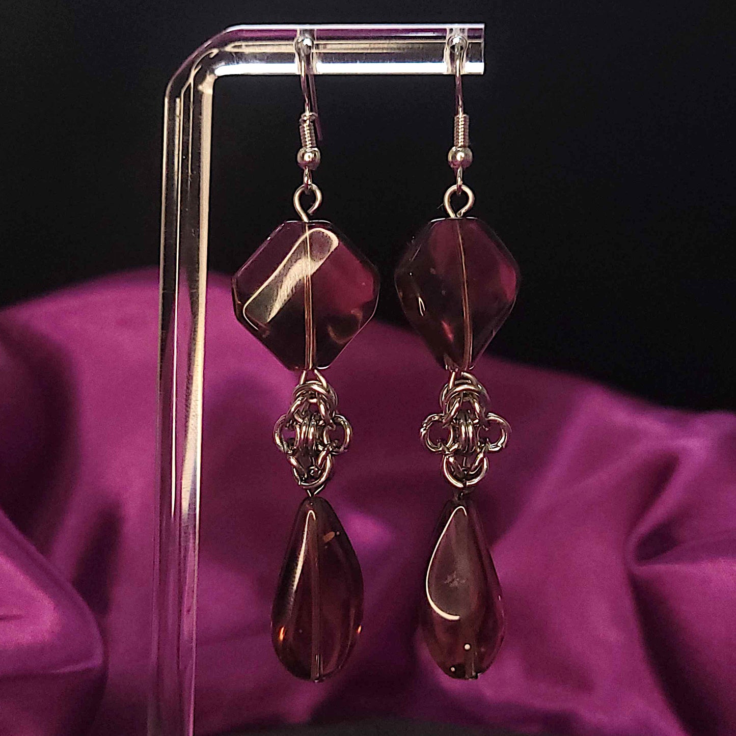 Purple glass and byzantine flower earrings
