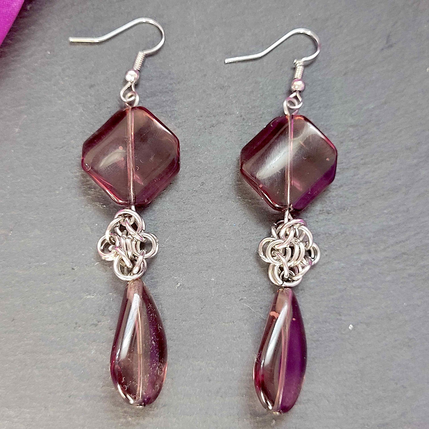 Purple glass and byzantine flower earrings