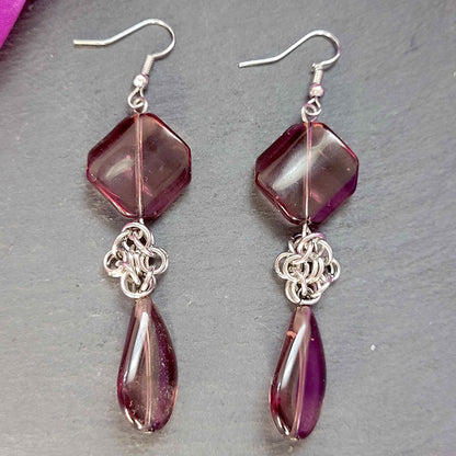 Purple glass and byzantine flower earrings