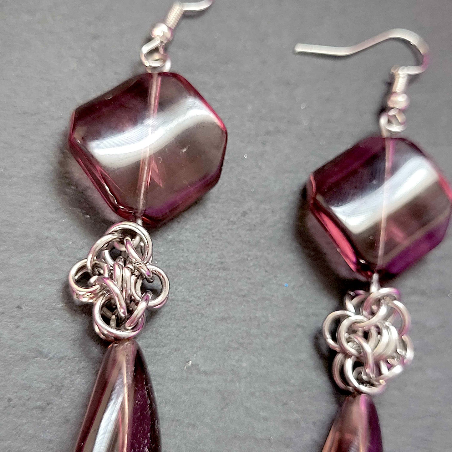 Purple glass and byzantine flower earrings