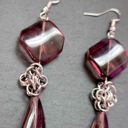 Purple glass and byzantine flower earrings