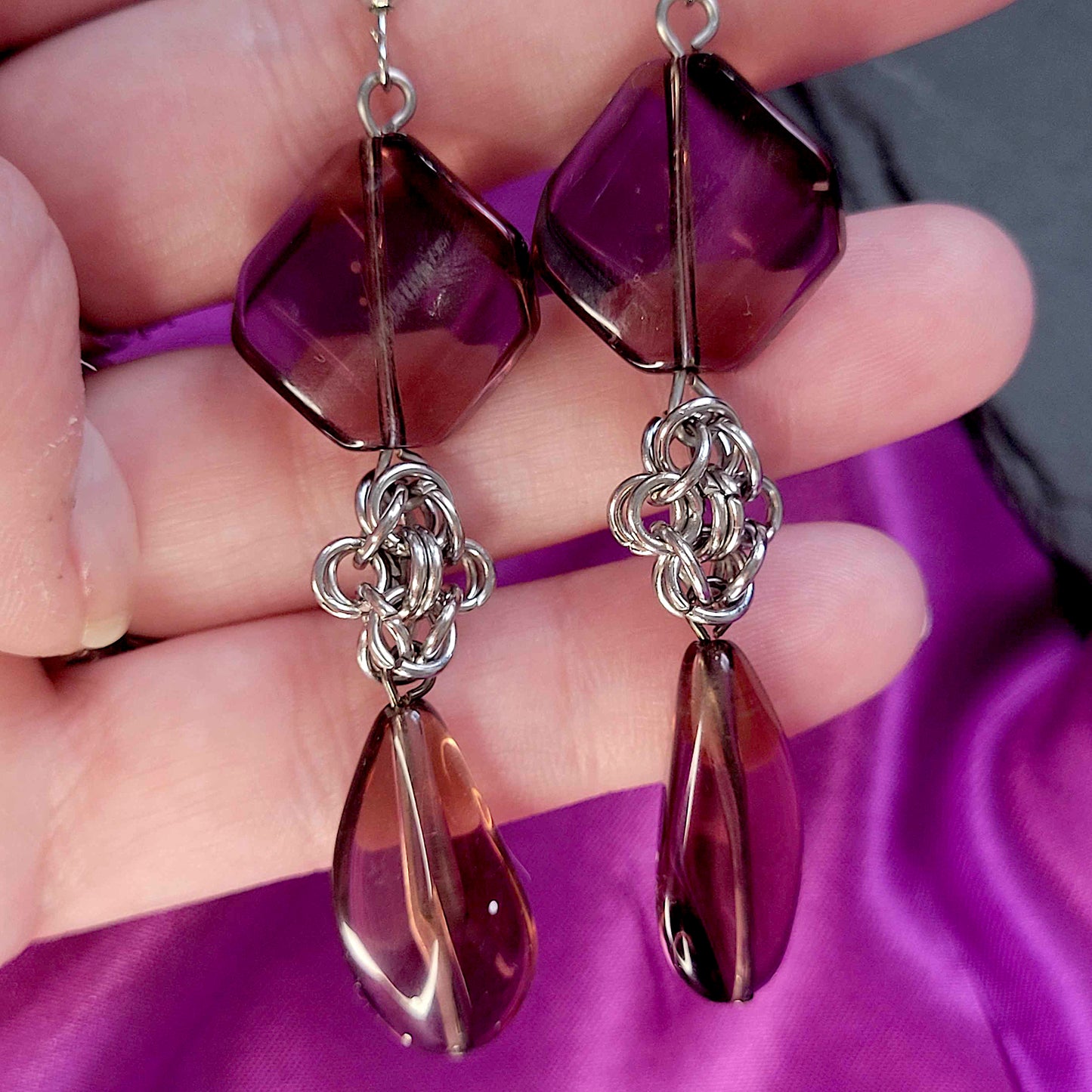 Purple glass and byzantine flower earrings