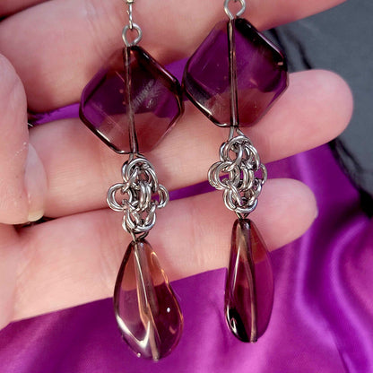 Purple glass and byzantine flower earrings