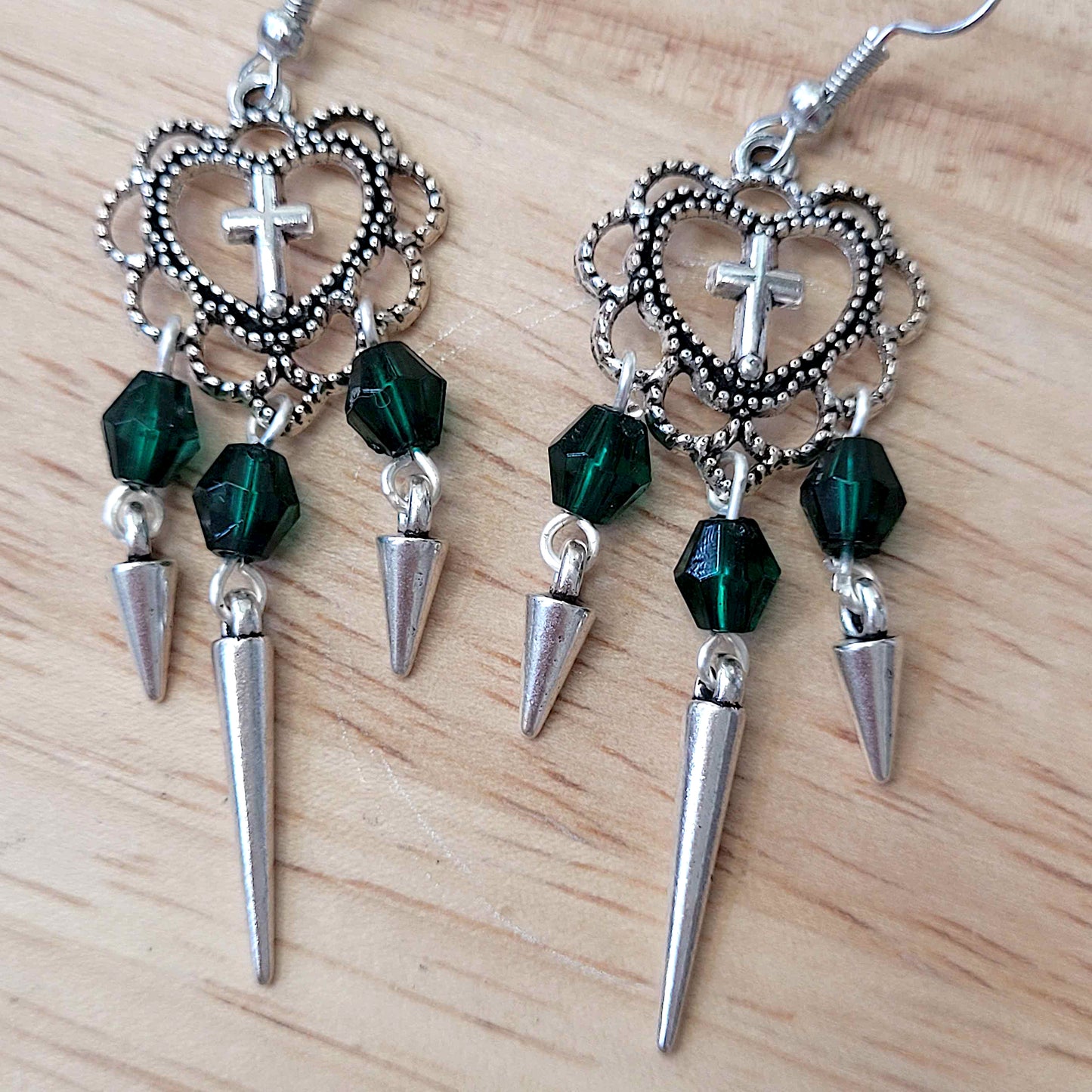 Gothic heart and cross earrings with green beads and spikes