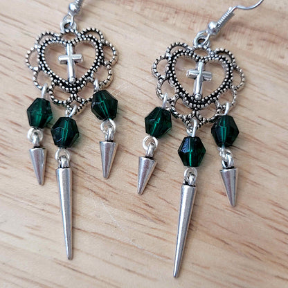 Gothic heart and cross earrings with green beads and spikes
