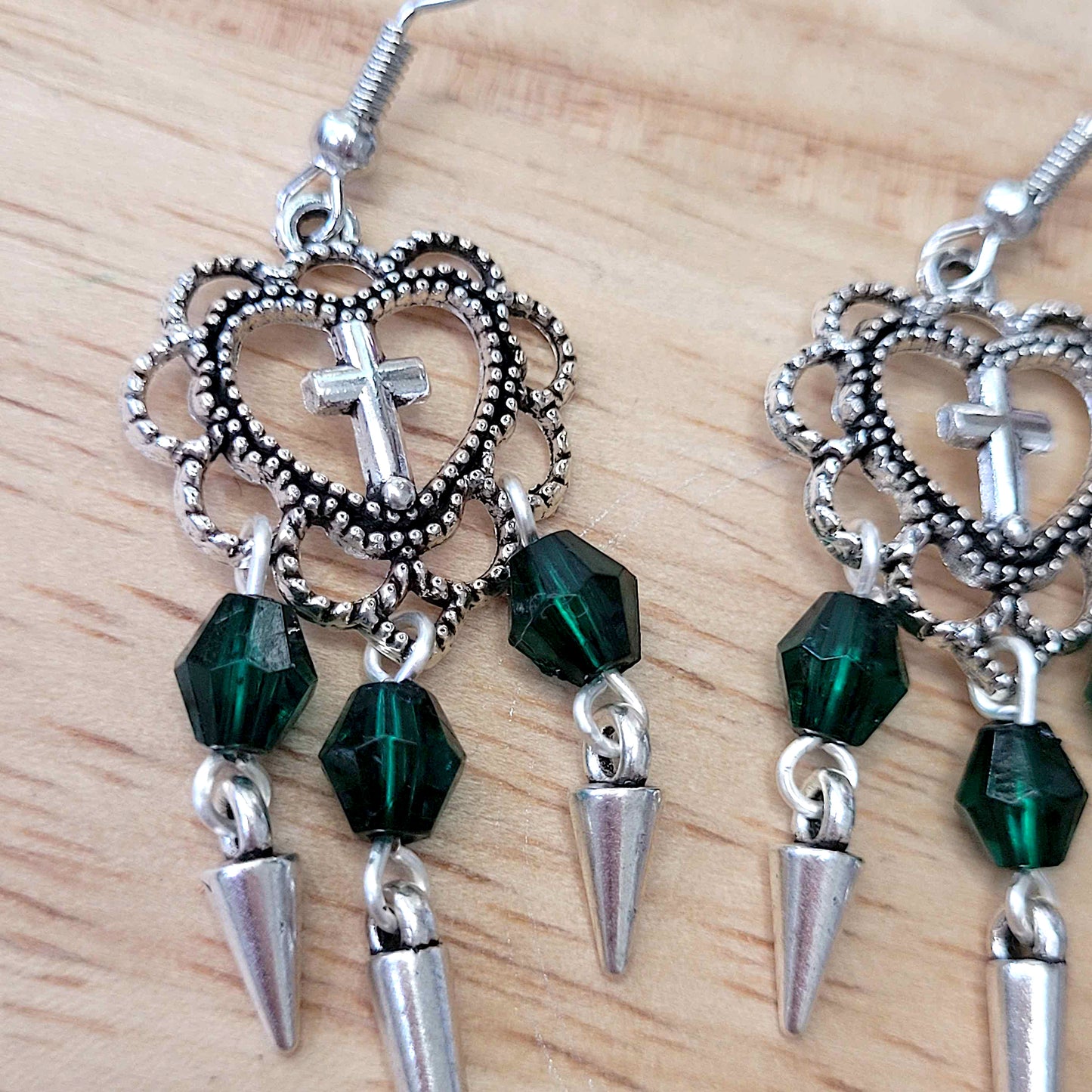 Gothic heart and cross earrings with green beads and spikes