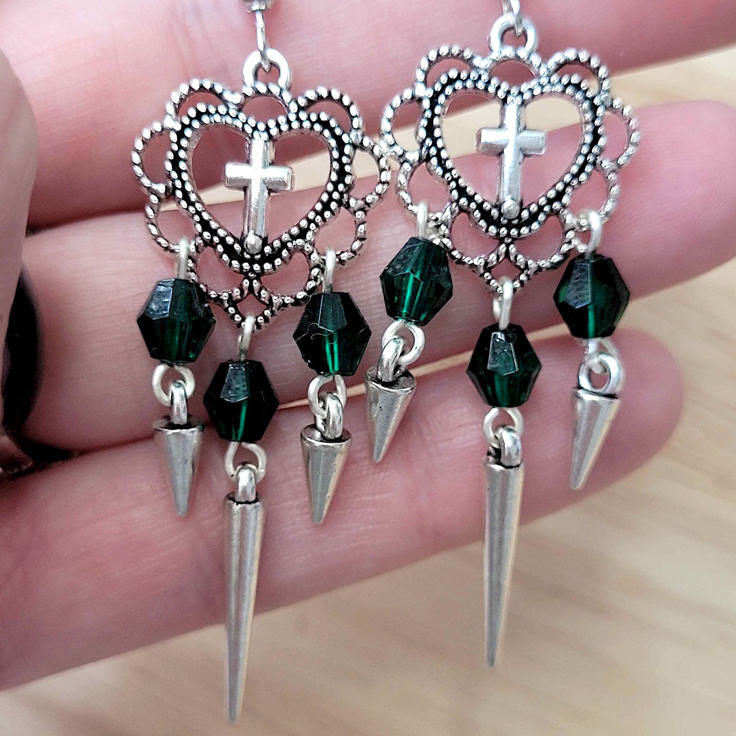 Gothic heart and cross earrings with green beads and spikes
