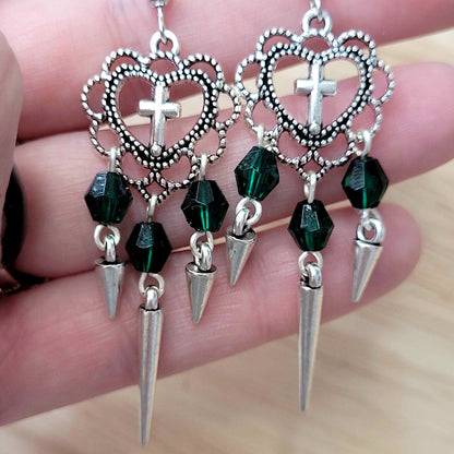 Gothic heart and cross earrings with green beads and spikes