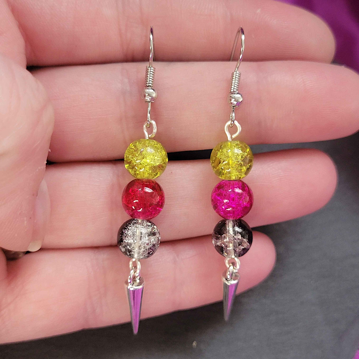 Green, pink & black bead earrings