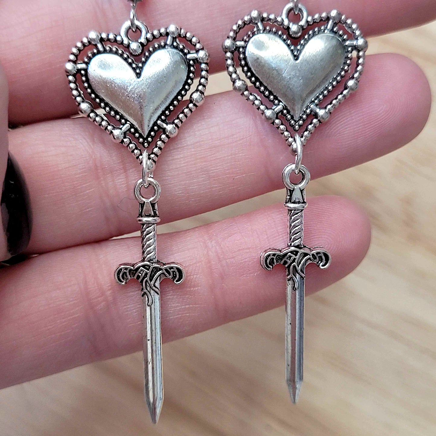 Gothic heart and dagger earrings