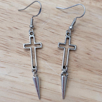 Gothic hollow cross and spike earrings