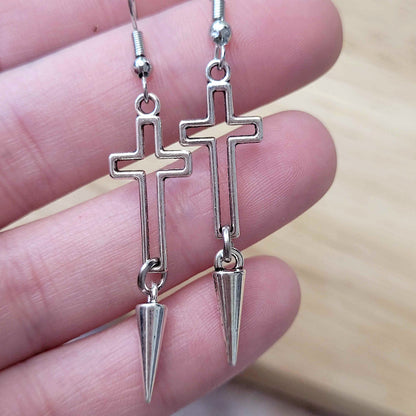 Gothic hollow cross and spike earrings