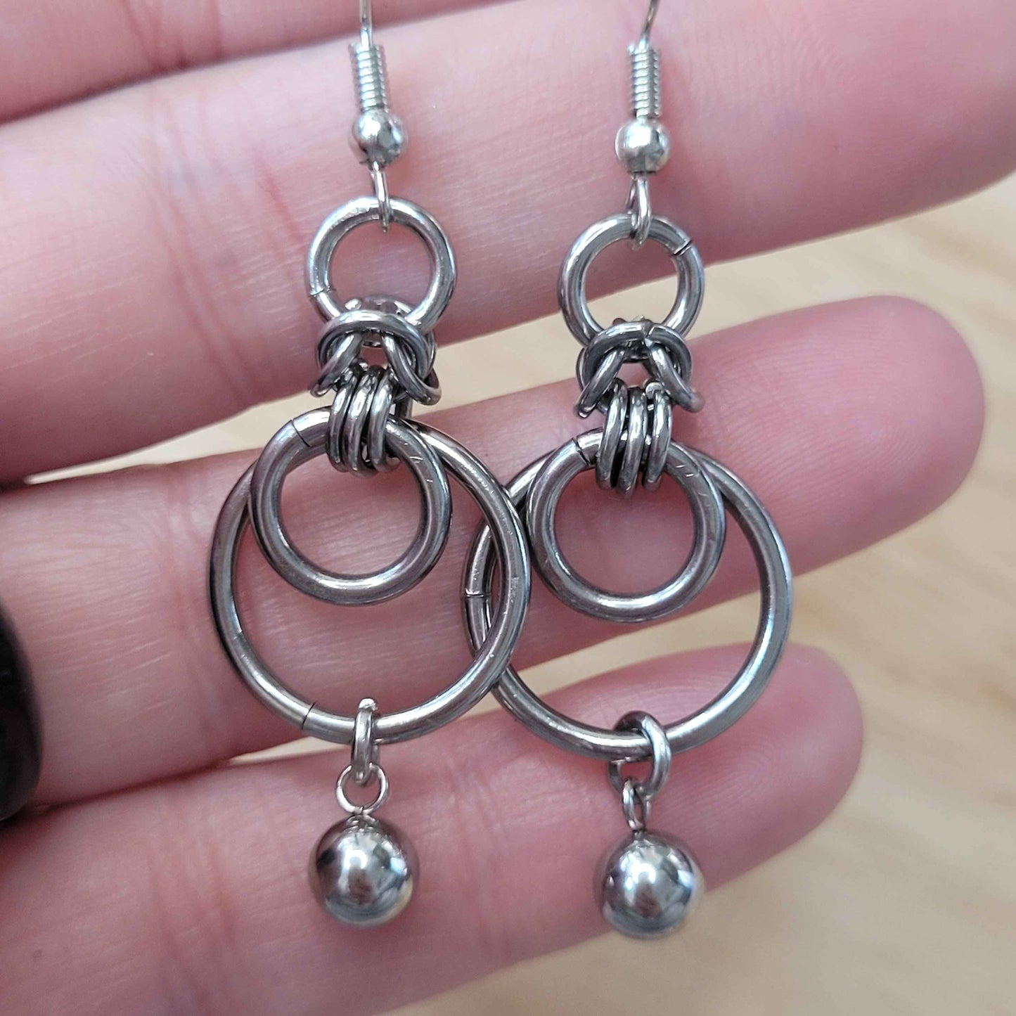 Double loop and ball charm chainmaille earrings