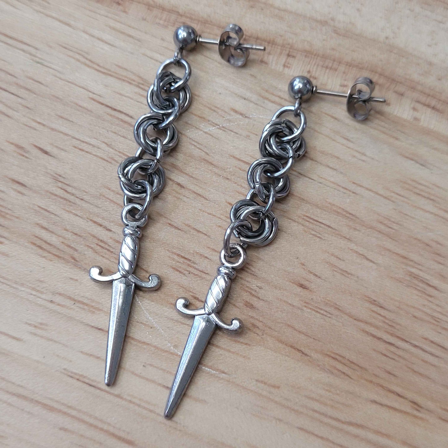Mini mobius and dagger chainmaille stud earrings