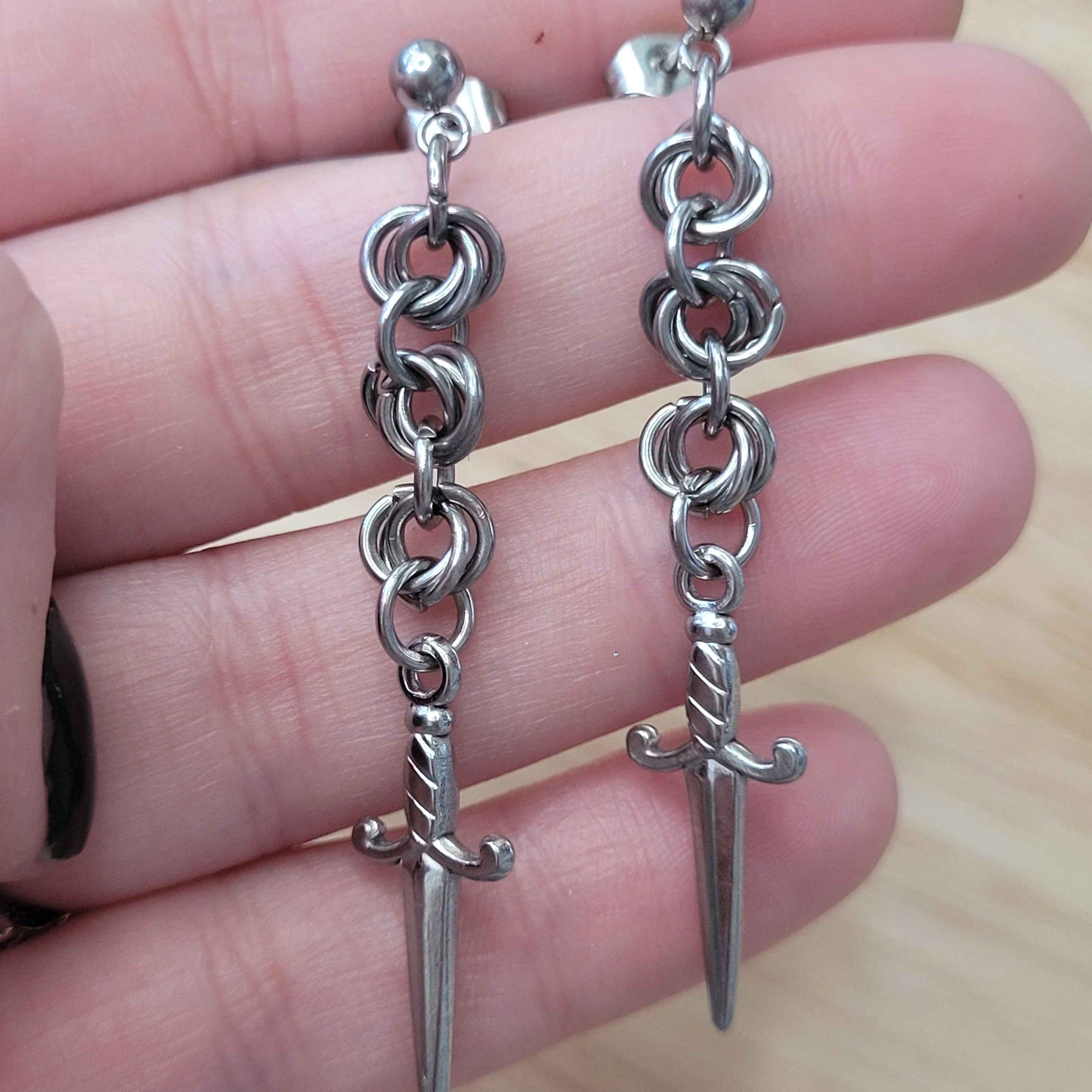 Mini mobius and dagger chainmaille stud earrings