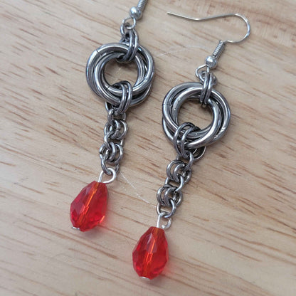 Large mobius and red teardrop chainmaille earrings
