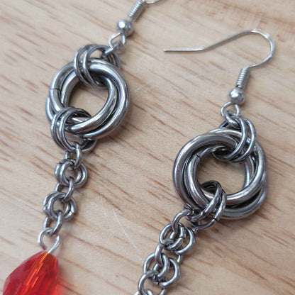Large mobius and red teardrop chainmaille earrings