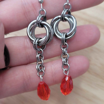 Large mobius and red teardrop chainmaille earrings