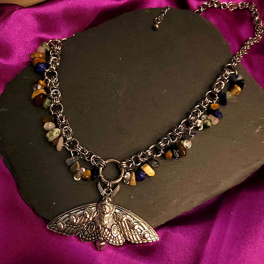 Moth and stone chip byzantine necklace