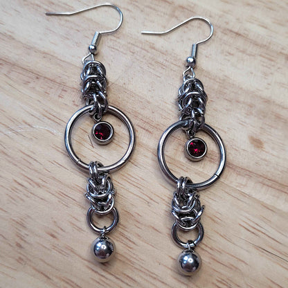 Mid loop red gem and ball earrings