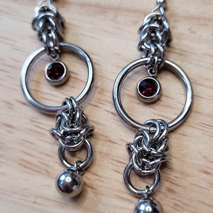Mid loop red gem and ball earrings