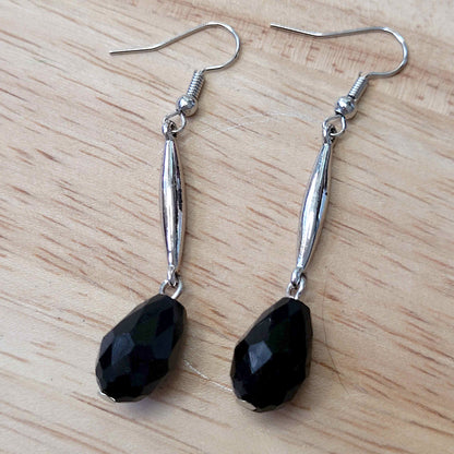 Simple black teardrop faceted gem earrings