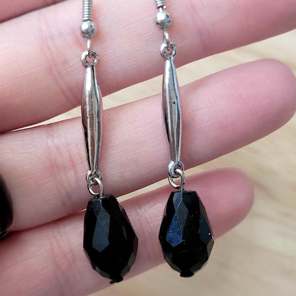 Simple black teardrop faceted gem earrings